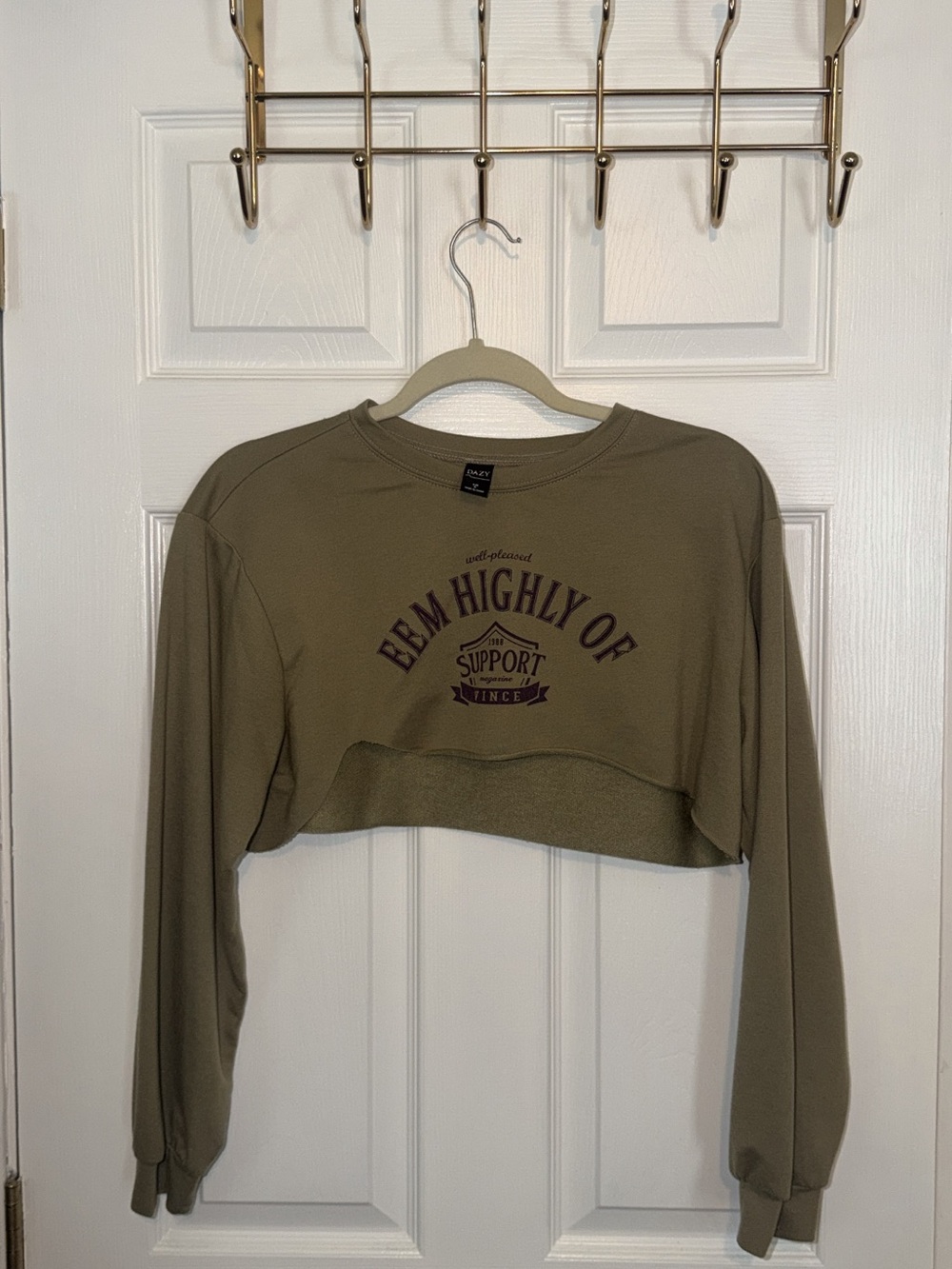 Cropped Olive Crewneck Sweatshirt with Front Graphic